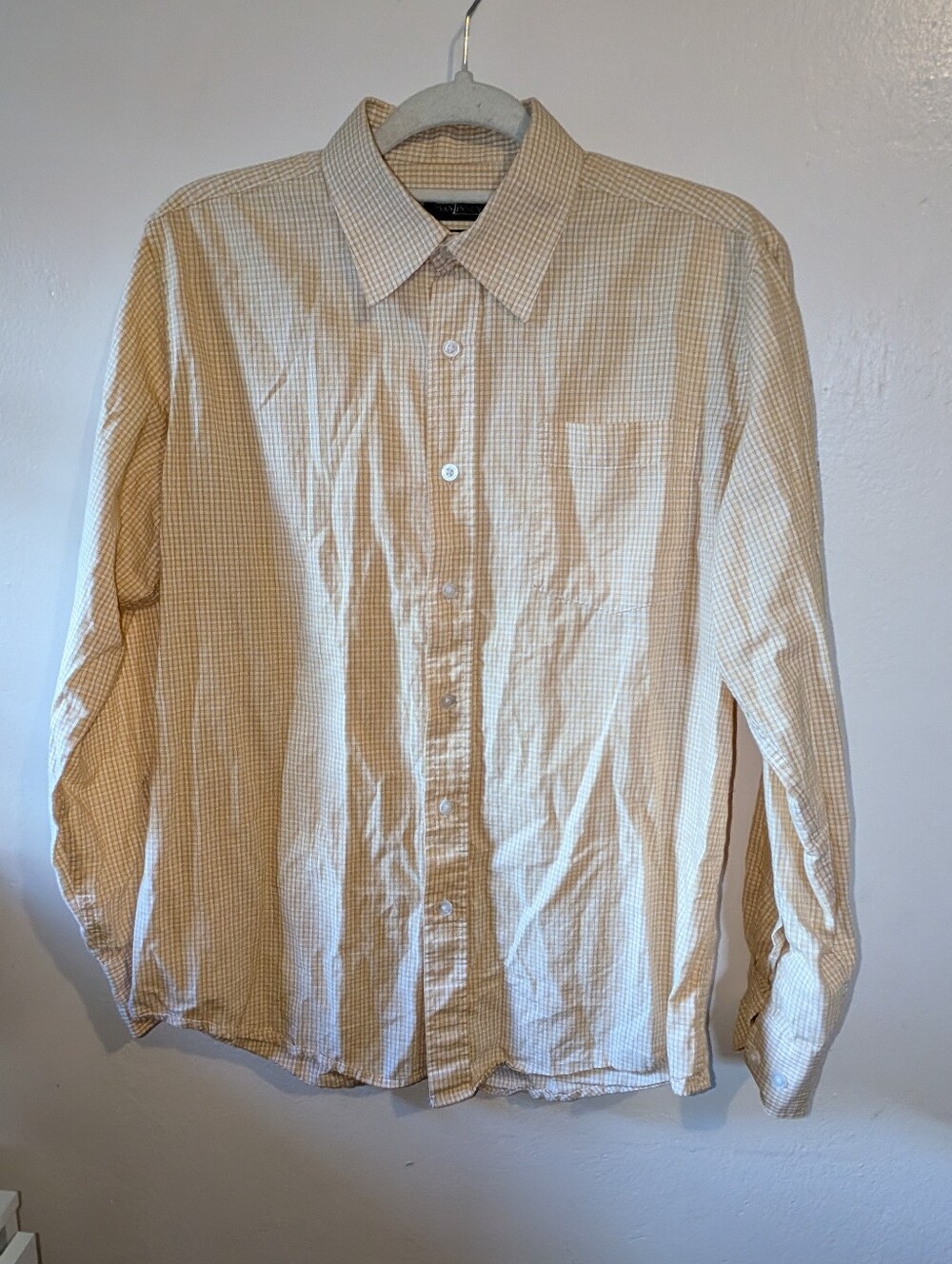 Men's 💯 Cotton Long-Sleeve Button-Down Shirt in Light Yellow Check Size M